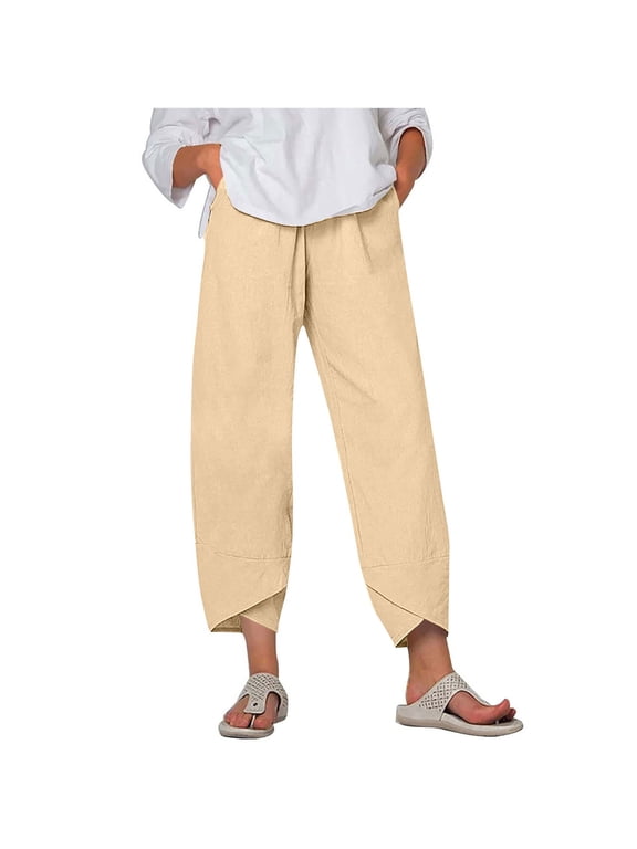 Womens Linen Pants Asymmetric Wrap Hem Solid Breathable Pants with Pockets