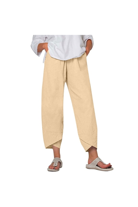 Womens Linen Pants Asymmetric Wrap Hem Solid Breathable Pants with Pockets