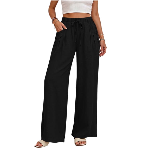 Admvng Womens Linen Pants Buttoned Pockets Pleated Elastic Drawstring Waist Pant with Pockets