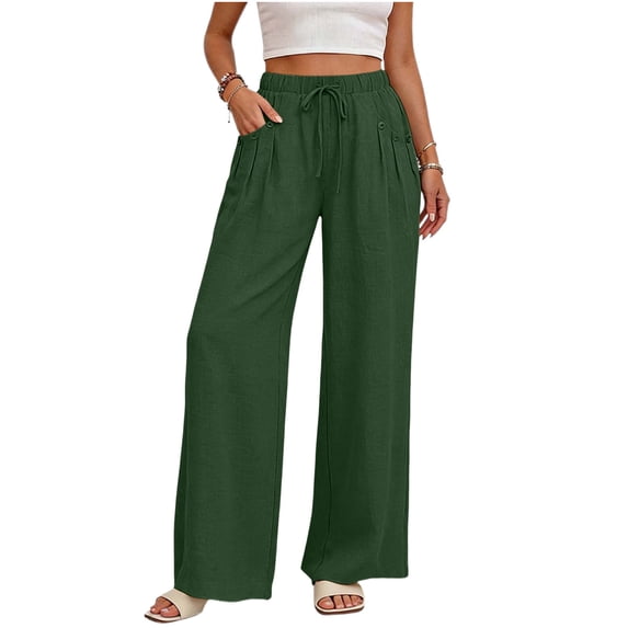 Admvng Womens Linen Pants Buttoned Pockets Pleated Elastic Drawstring Waist Pant with Pockets