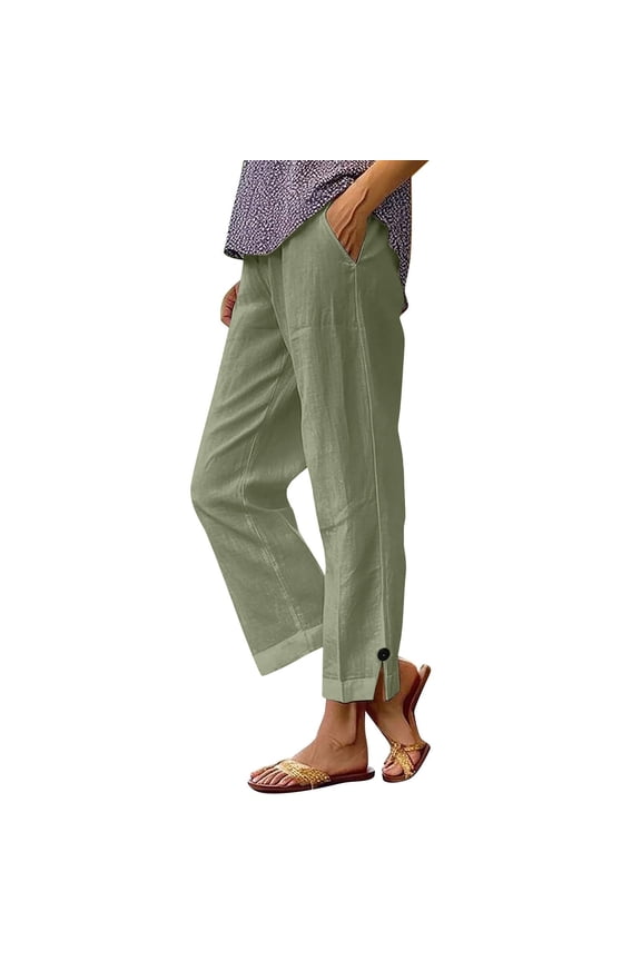 Womens Linen Pants Elastic Waist Button Slit Hem Wide Leg Casual Summer Soft Trousers with Pockets