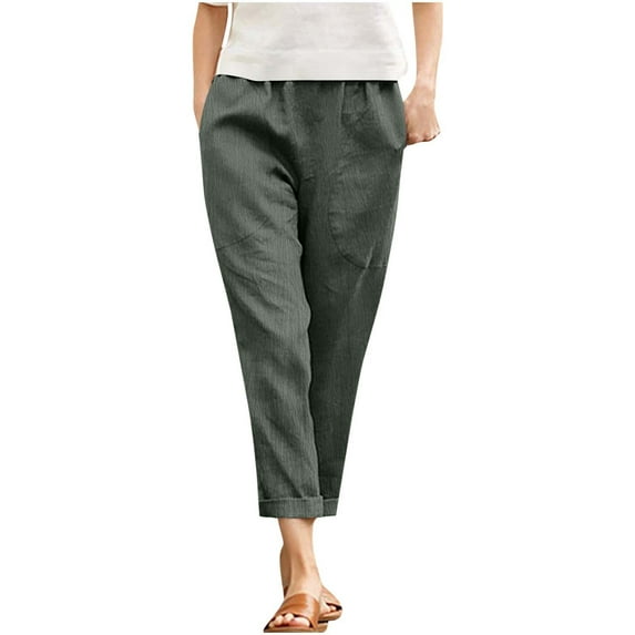 Admvng Womens Linen Pants Elastic Waist Casual Summer Everyday Trousers with Pockets