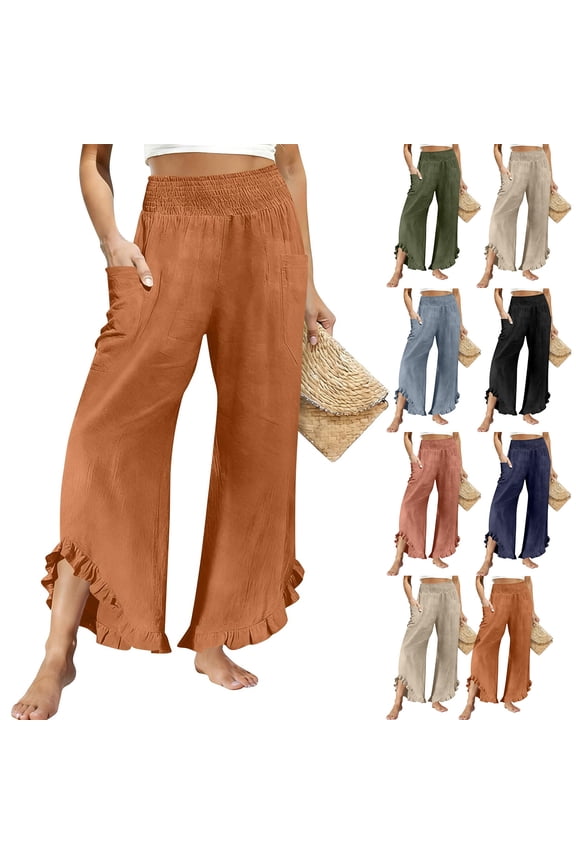 Womens Linen Pants Ruffle Hem Wide Leg Casual Summer Boho Trousers with Side Pockets