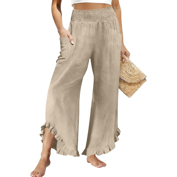 Admvng Womens Linen Pants Ruffle Hem Wide Leg Casual Summer Boho Trousers with Side Pockets