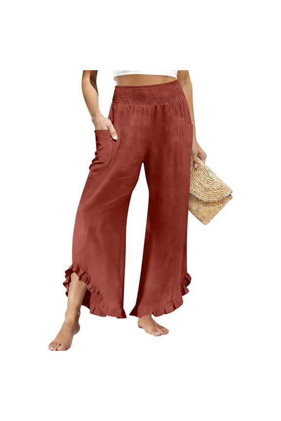 Womens Linen Pants Ruffle Hem Wide Leg Casual Summer Boho Trousers with Side Pockets