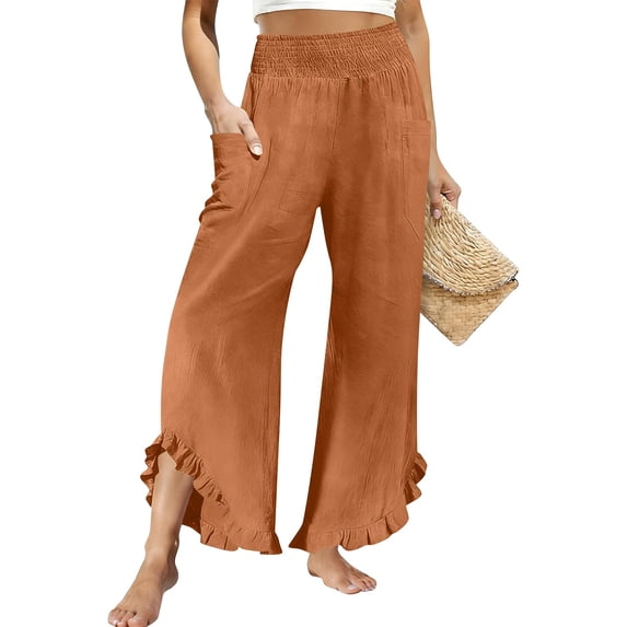 Admvng Womens Linen Pants Ruffle Hem Wide Leg Casual Summer Boho Trousers with Side Pockets