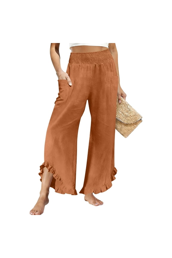 Womens Linen Pants Ruffle Hem Wide Leg Casual Summer Boho Trousers with Side Pockets