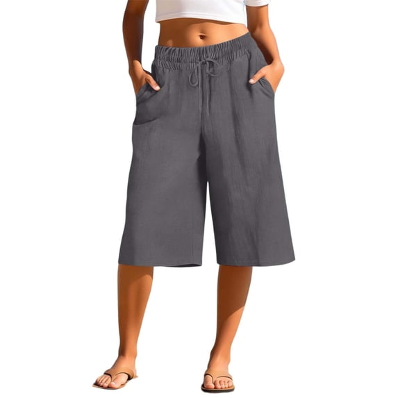 Admvng Womens Linen Pants Wide Leg Elastic Drawstring Waist Solid with Pocket Casual Capris