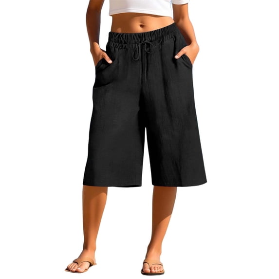Admvng Womens Linen Pants Wide Leg Elastic Drawstring Waist Solid with Pocket Casual Capris