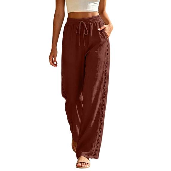 Admvng Womens Linen Pants Wide Leg Elastic Drawstring Waist Vacation Trousers