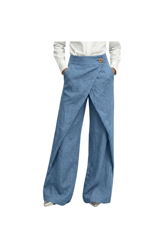 Womens Linen Pants Wrap Wide Leg Casual Summer Office formal Full Length Trousers with Pockets