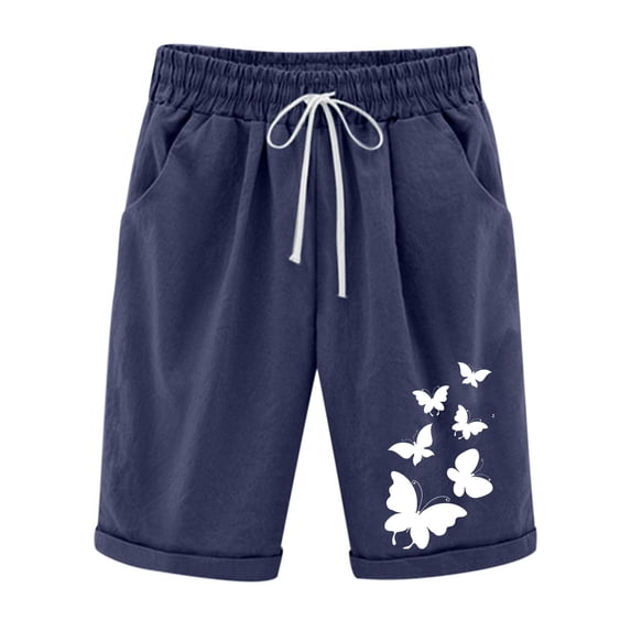Admvng Womens Linen Plus Size Butterfly Print Bermuda Shorts Drawstring Waist Pants with Rolled Cuffs & Pockets