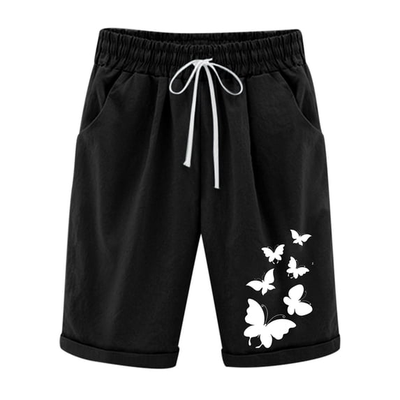 Admvng Womens Linen Plus Size Butterfly Print Bermuda Shorts Drawstring Waist Pants with Rolled Cuffs & Pockets