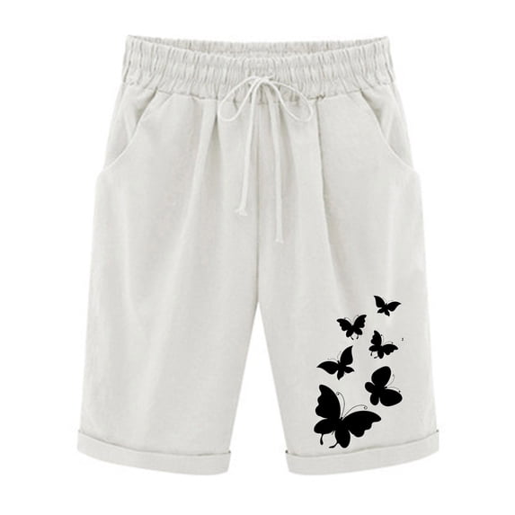 Admvng Womens Linen Plus Size Butterfly Print Bermuda Shorts Drawstring Waist Pants with Rolled Cuffs & Pockets