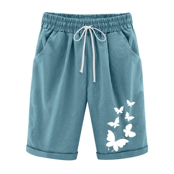Admvng Womens Linen Plus Size Butterfly Print Bermuda Shorts Drawstring Waist Pants with Rolled Cuffs & Pockets