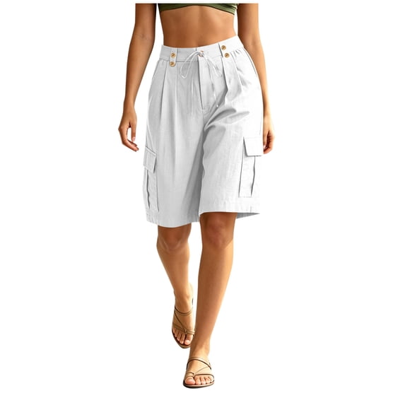 Admvng Womens Linen Shorts Summer Button Casual Cargo Bermuda Shorts with Pockets