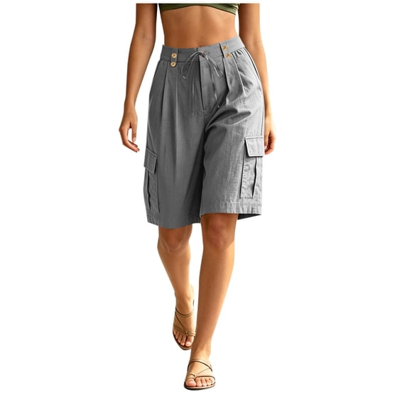 Admvng Womens Linen Shorts Summer Button Casual Cargo Bermuda Shorts with Pockets