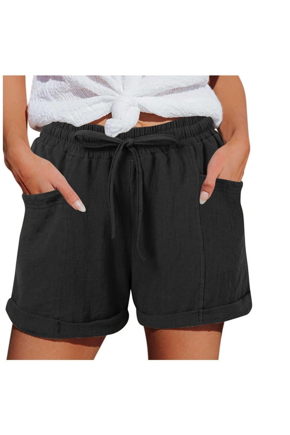 Womens Linen Shorts with Pockets Rolled Hem Drawstring Elastic Waist Summer Casual Shorts