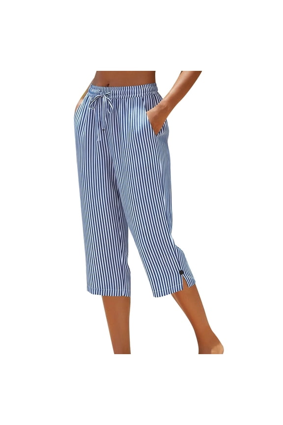 Womens Linen Striped Capri Pants Elastic Drawstring Waist with Side Slits Pants Capris