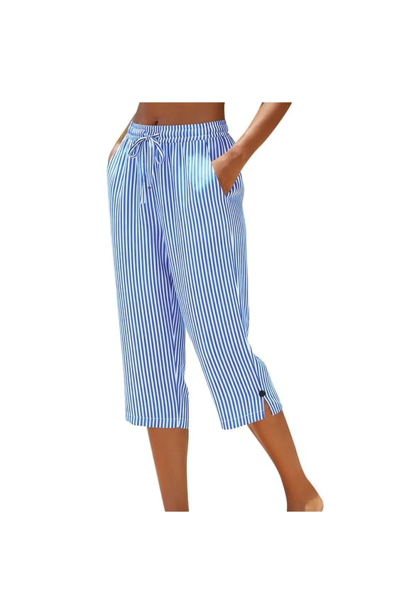 Womens Linen Striped Capri Pants Elastic Drawstring Waist with Side Slits Pants Capris