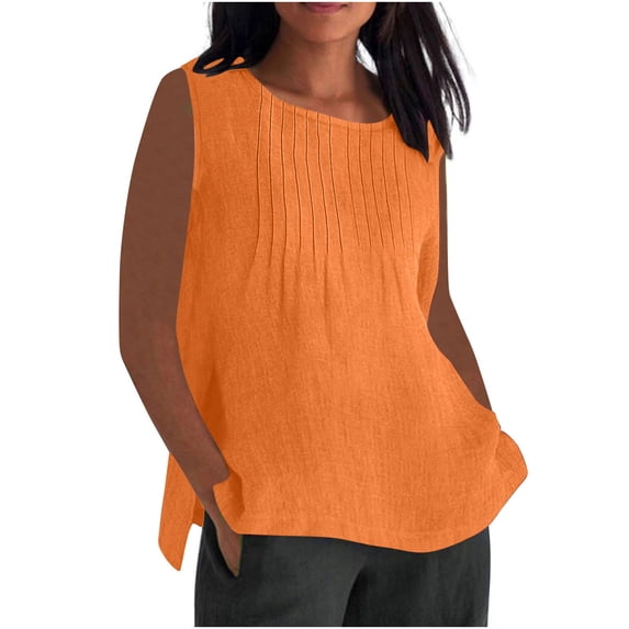 Admvng Womens Linen Tank Tops Plus Size Summer Pleated Sleeveless Round Neck Comfy Blouse