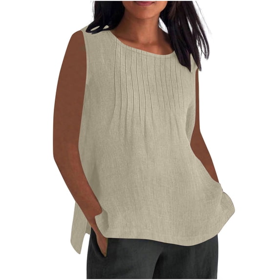 Admvng Womens Linen Tank Tops Plus Size Summer Pleated Sleeveless Round Neck Comfy Blouse