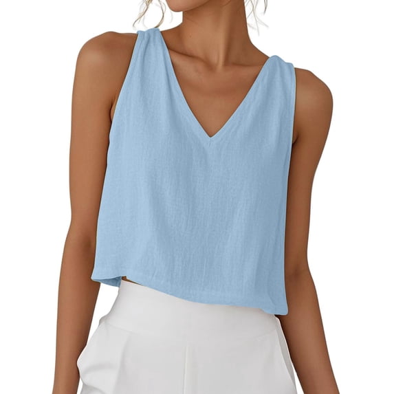 Admvng Womens Linen Tank Tops Plus Size Summer Sleeveless V Neck Comfy Blouse