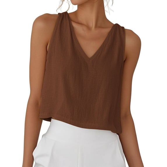 Admvng Womens Linen Tank Tops Plus Size Summer Sleeveless V Neck Comfy Blouse