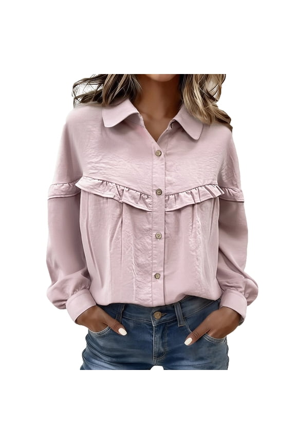 Womens Long Sleeve Blouse Collar Ruffle Button Down Puff Cuff Textured Casual Shirt
