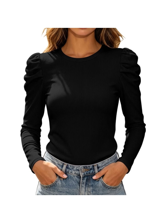Womens Long Sleeve Blouse Solid Crew Neck Casual Puff Shoulders Outdoor Top