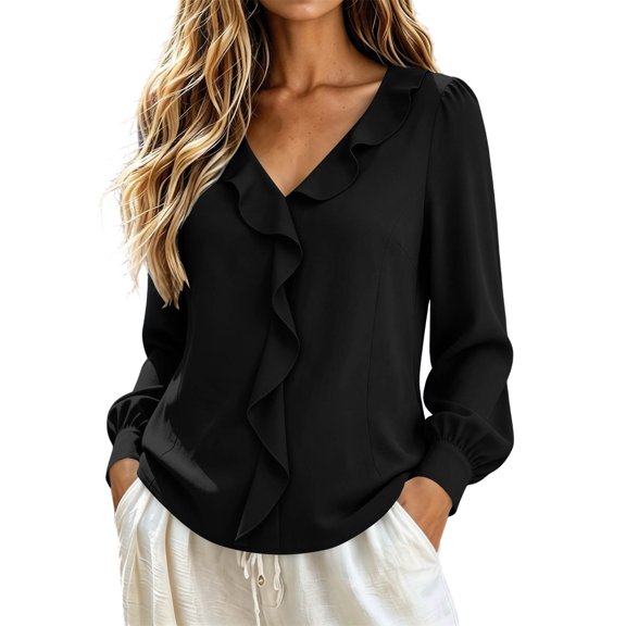 Admvng Womens Long Sleeve Top Solid V Neck Ruffled Casual Daily Outfit