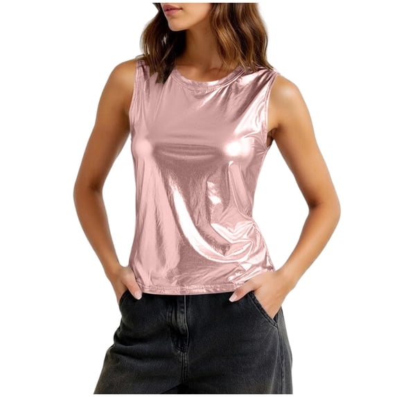 Admvng Womens Metallic Shiny Sleeveless Tank Tops Crew Neck Party Club Night Out Casual Camisole Blouse