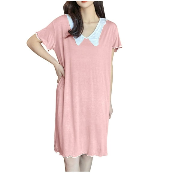 Admvng Womens Nightgown Short Sleeve Plus Size V Neck Solid Color Loose Comfortable Sleeping Dresses L-3XL