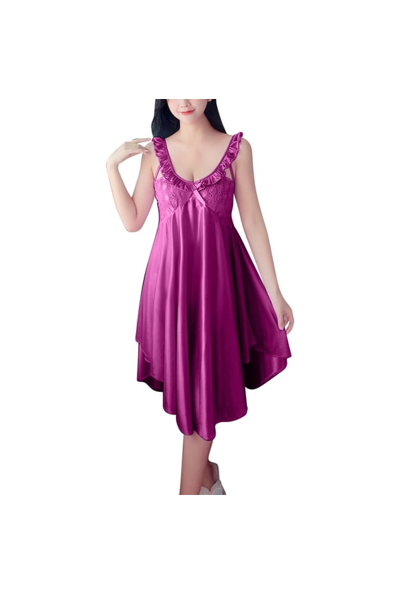 Womens Nightgown V-Neck Sleepwear Lingerie Nightgown Lace Chemise Satin Slip Silk Nighty Plus Size Dresses