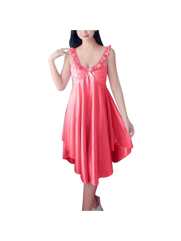 Womens Nightgown V-Neck Sleepwear Lingerie Nightgown Lace Chemise Satin Slip Silk Nighty Plus Size Dresses