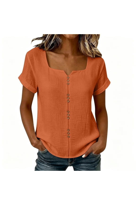 Womens Notch Square Neck Blouse Short Sleeve Button Front Casual Tops