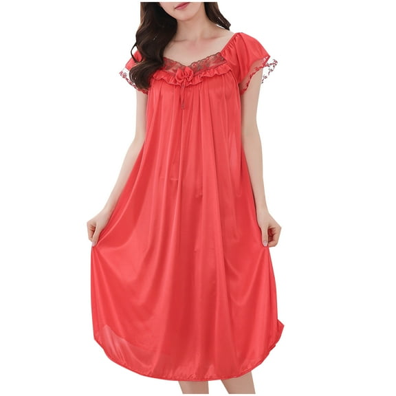 Admvng Womens Pajamas Summer Sexy Lace Short Sleeve Plus Ice Silk Mid-length Nightdress L-2XL