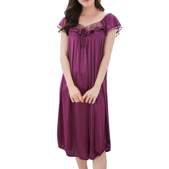 Admvng Womens Pajamas Summer Sexy Lace Short Sleeve Plus Ice Silk Mid-length Nightdress L-2XL