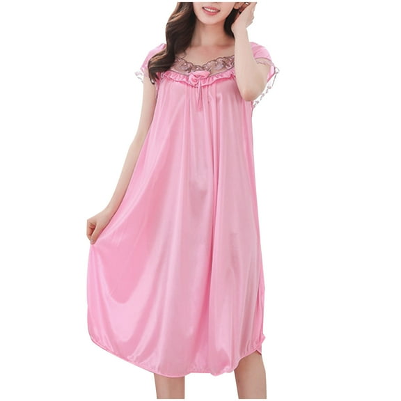 Admvng Womens Pajamas Summer Sexy Lace Short Sleeve Plus Ice Silk Mid-length Nightdress L-2XL