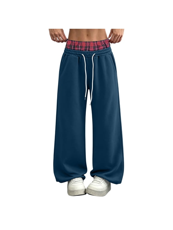 Womens Pants Color-Block Drawstring Elastic Waistband Fleece Sweatpants
