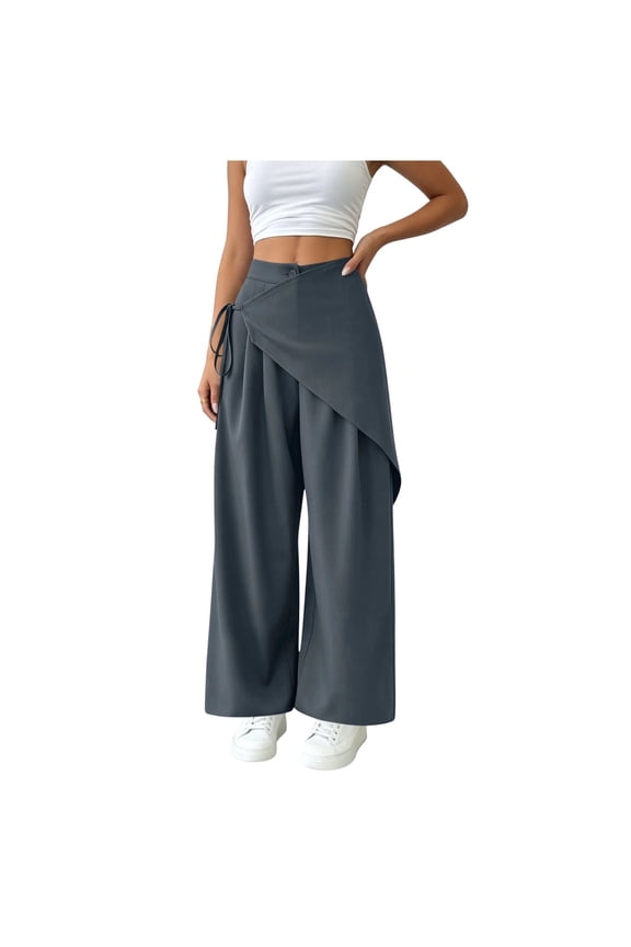 Womens Pants with Drawstring Detail Wrap Wide Leg High Waist Trousers