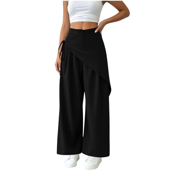 Admvng Womens Pants with Drawstring Detail Wrap Wide Leg High Waist Trousers