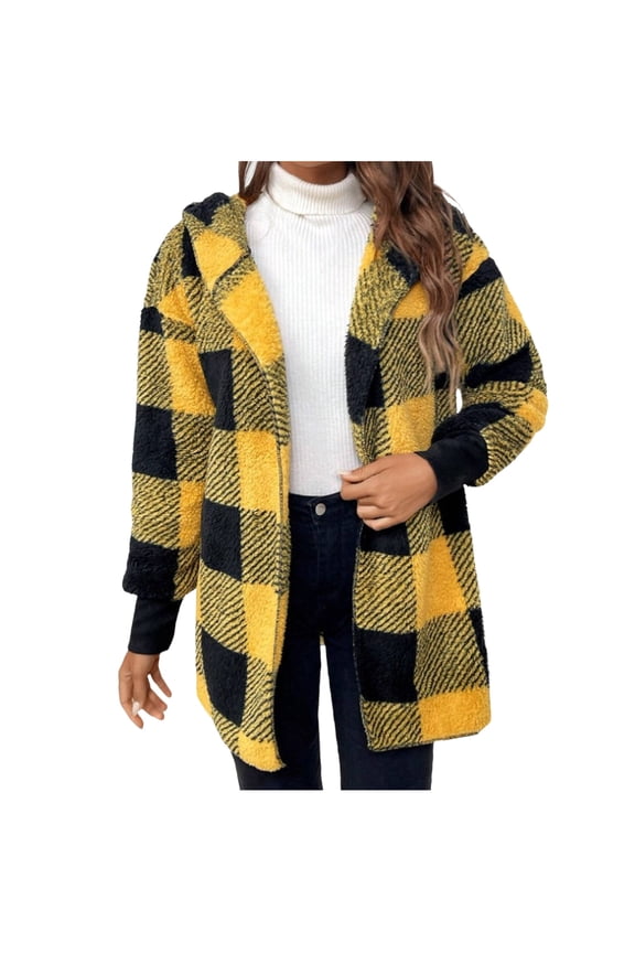 Womens Plaid Hooded Cardigan Mid Length Sherpa Fuzzy Teddy Coat with Ribbed Cuffs