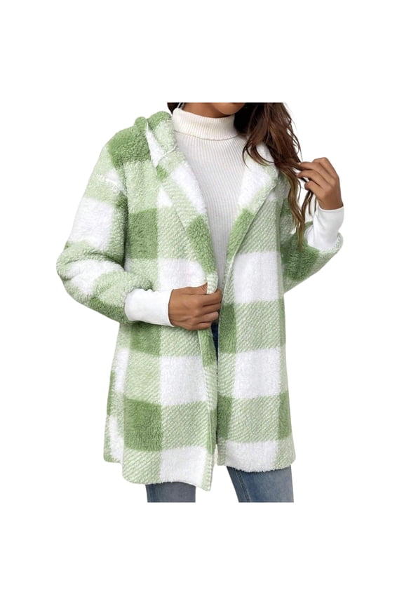 Womens Plaid Hooded Cardigan Mid Length Sherpa Fuzzy Teddy Coat with Ribbed Cuffs