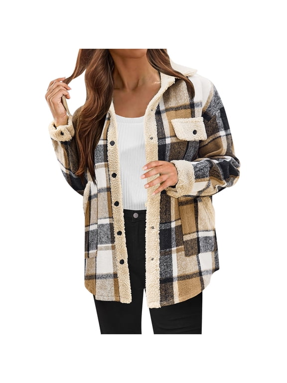 Womens Plaid Shacket Jacket Button Down Flannel Plush Fleece Sherpa Lined Shirt Coat with Chest Pocket