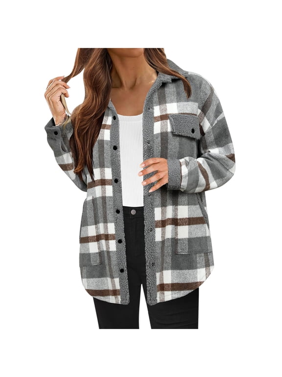Womens Plaid Shacket Jacket Button Down Flannel Plush Fleece Sherpa Lined Shirt Coat with Chest Pocket
