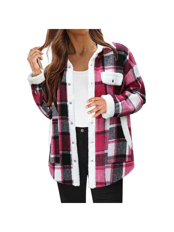 Womens Plaid Shacket Jacket Button Down Flannel Plush Fleece Sherpa Lined Shirt Coat with Chest Pocket