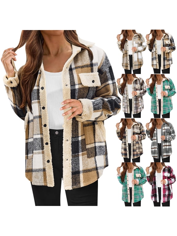 Womens Plaid Shacket Jacket Button Down Flannel Plush Fleece Sherpa Lined Shirt Coat with Chest Pocket