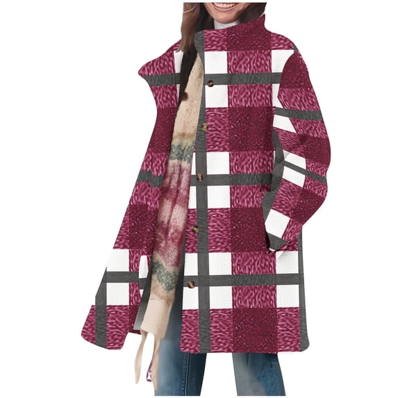 Admvng Womens Plaid Sherpa Coat Mid Length Stand Collar Fall Winter Outdoor Fuzzy Fleece Jacket with Pockets