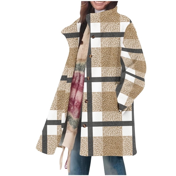Admvng Womens Plaid Sherpa Coat Mid Length Stand Collar Fall Winter Outdoor Fuzzy Fleece Jacket with Pockets